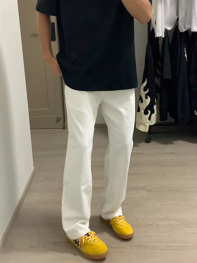 

White Straight Leg Men's Jeans 57 Denim Pants High Waist Long Trousers Cotton Polyester Blend Wear Resistant Micro Flared