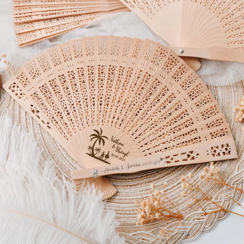 10/50 éventails personnalisés pour mariage, éventails pliants en bois, cadeaux de mariage personnalisés pour invités, lot avec sac pour éventails