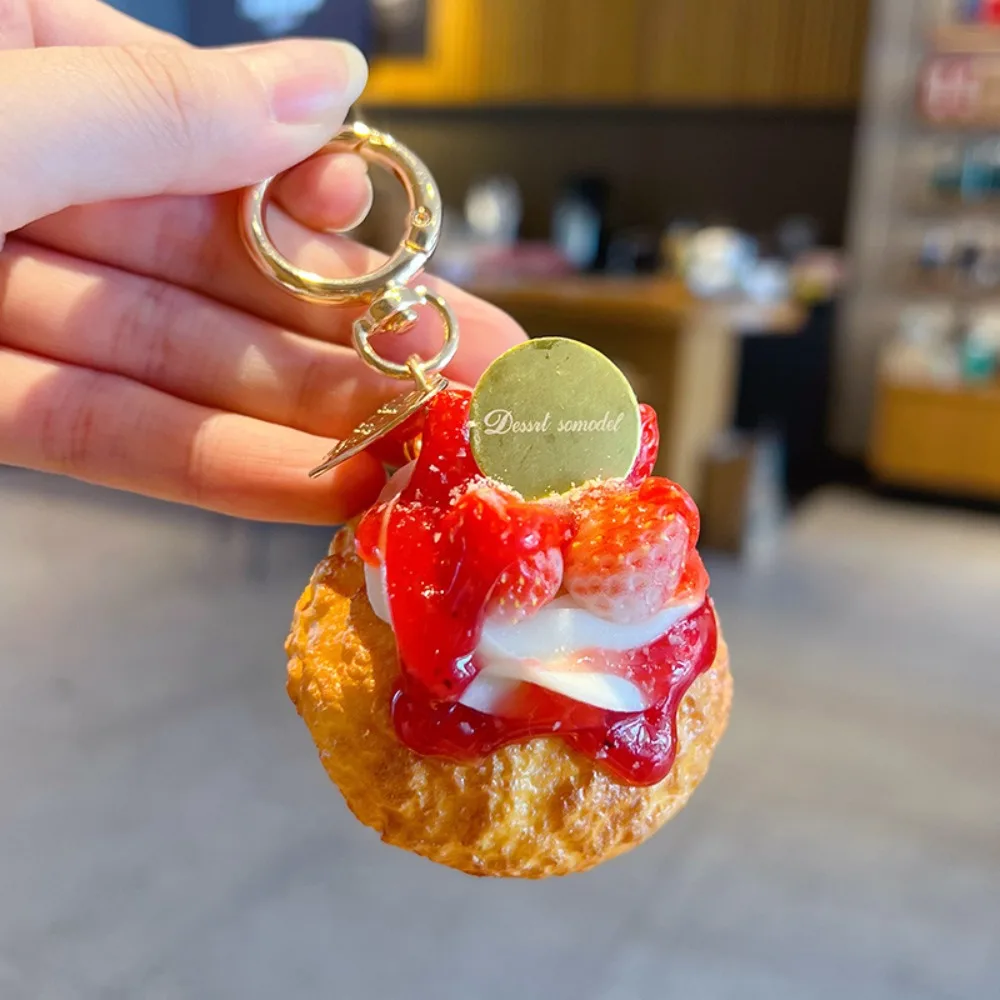Simulation Fruit Egg Tart Keychain Cute Cartoon Strawberry Egg Tart Pendant Sweet Portable Mango Puff pastry pendant