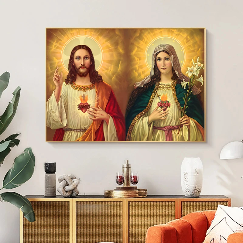 Mary and Jesus Sacred Heart Holy Poster Canvas Painting Catholic Fresco Christianity Wall Art Pictures Living Room Home Decor