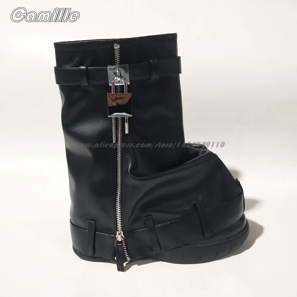 Solid Metal Lock Shark Buckle Side Zipper Trouser Boots Size 35-44 Thick Sole Mid Calf Boots Round Toe Platform Casual Boots