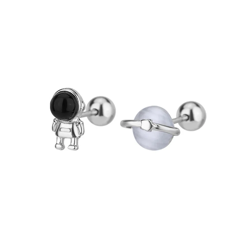 Creative Asymmetry Planet Astronaut Stud Earrings For Women Silver Color Unique Personality Earring Jewelry Accessories