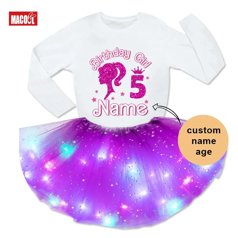 Girl Birthday Outfits Long Sleeve T Shirt Light Tutu Sets T Shirts Rainbow Dress Children Kids Clothing Girls Outfit Party Suit