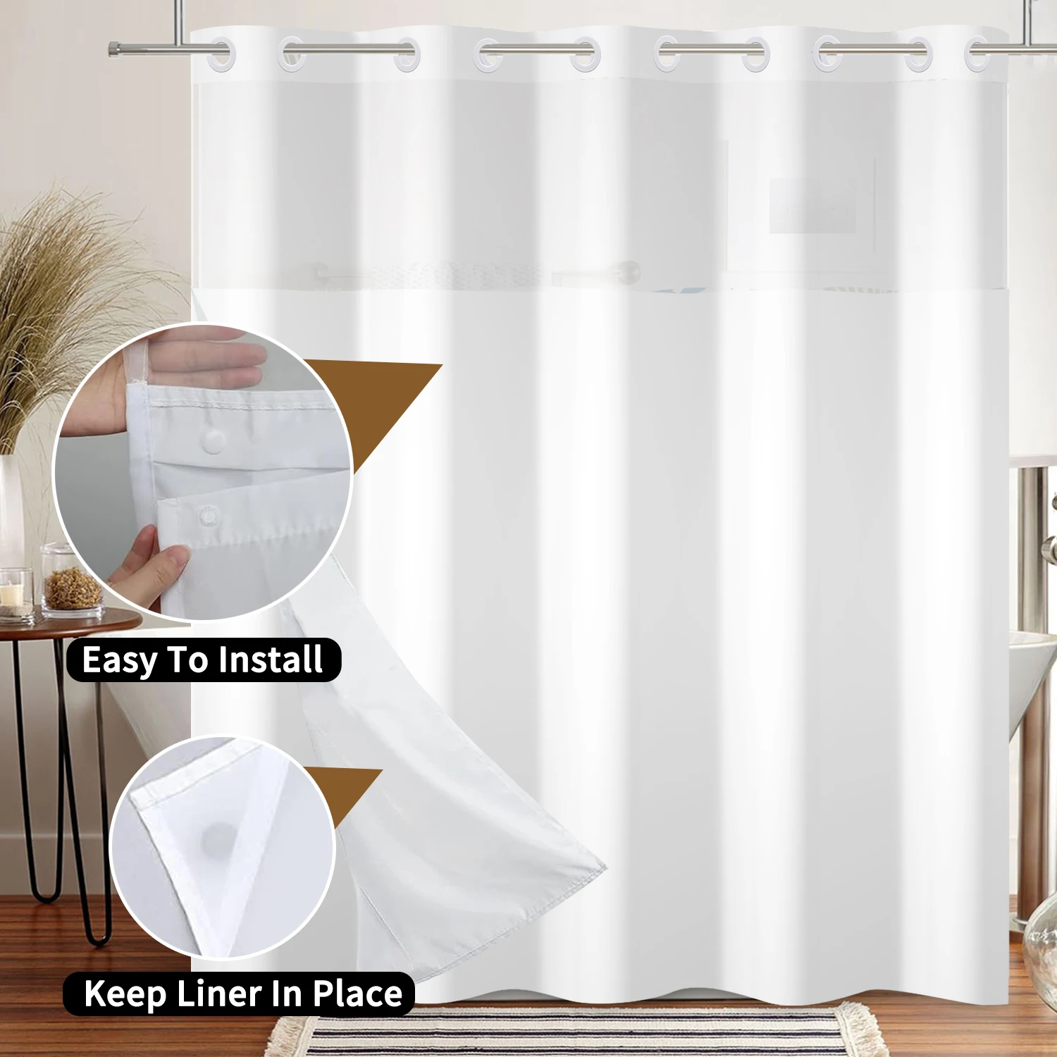 No Hook White Shower Curtain Hotel Grade Fabric with Snap in Liner for Bathroom with See Through Top Window Washable Curtain