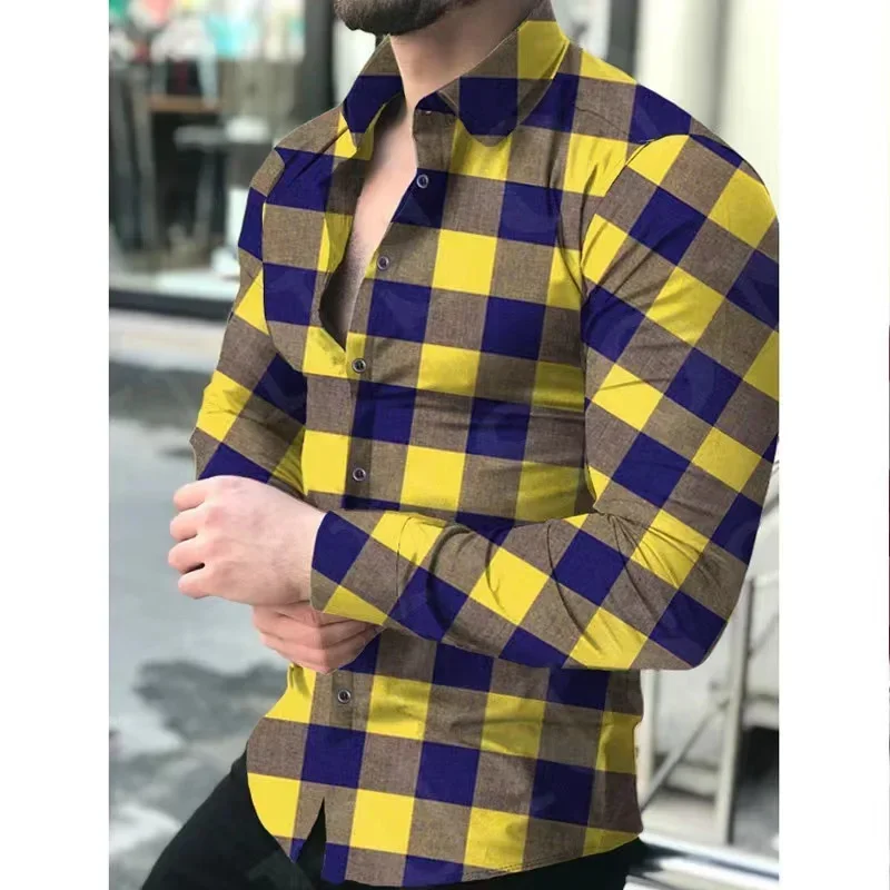 2024 New Best-selling Fashion Casual Minimalist Men\'s Shirt Plaid Stripe Spring/summer Men\'s Lapel Button Long Sleeved Shirt 6XL