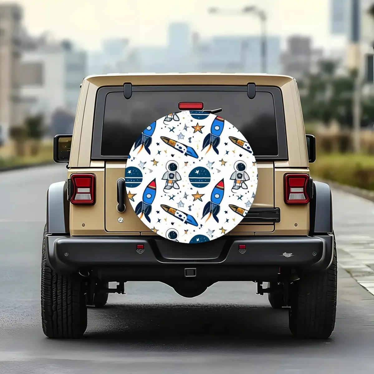 

Astronaut Rocket Space Pattern Spare Tire Cover Waterproof Polyester Fiber Wheel Cover for SUV Truck RV