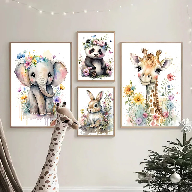 Carteles de pared de acuarela nórdica, jirafa, León, Safari, animales con flores e impresiones, pinturas en lienzo, imágenes murales para decoración