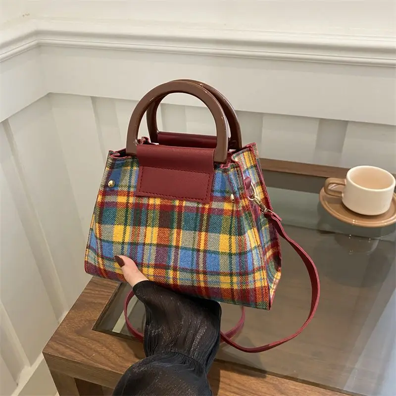 Coffee Brown Red Black Tartan Plaid Woolen Color Block Top Handle Handbag Retro Tote Shoulder Bag Phone Purse For Women Girls