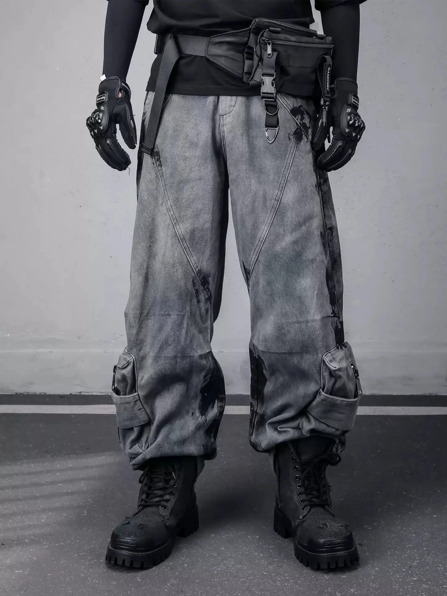 

Winter Punk Waste Land Graffiti Tie-Dye Cargo Pants Hip-Hop Sanding Thicken American High Street Loose Full Length Pants