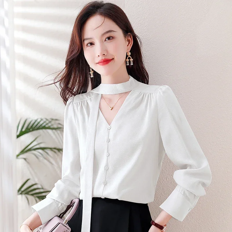 New Autumn Long Sleeve V-Neck Women Blouse Casual Lace-up White Chiffon Blouse Shirt Women Tops Blusas Mujer De Moda 2024 A576