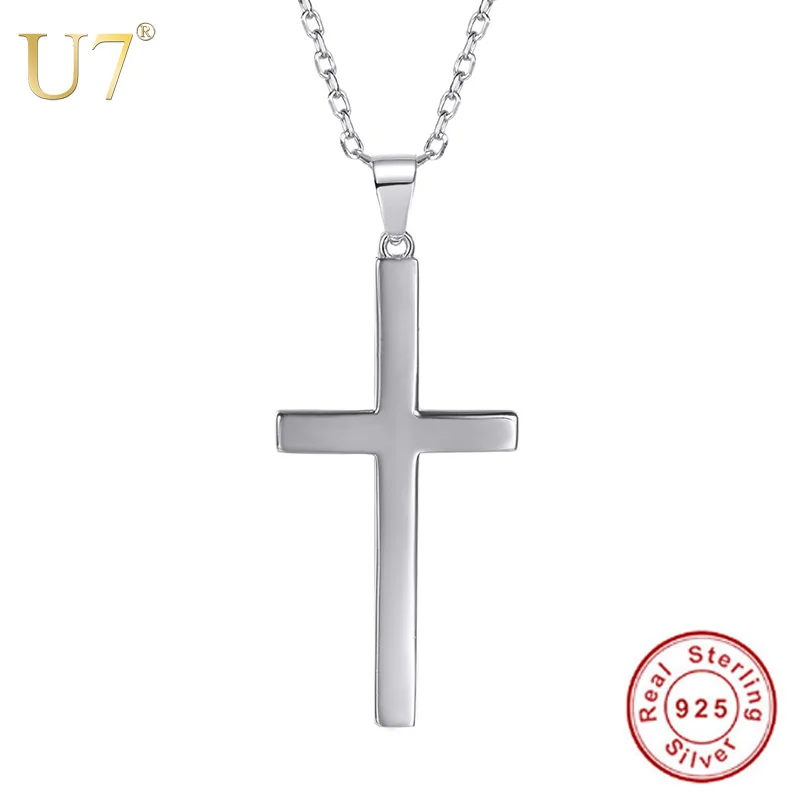 U7  925 Sterling Silver Cross Necklace Shiny Pendant Snake Chain Minimalist Christian Religious Jewelry