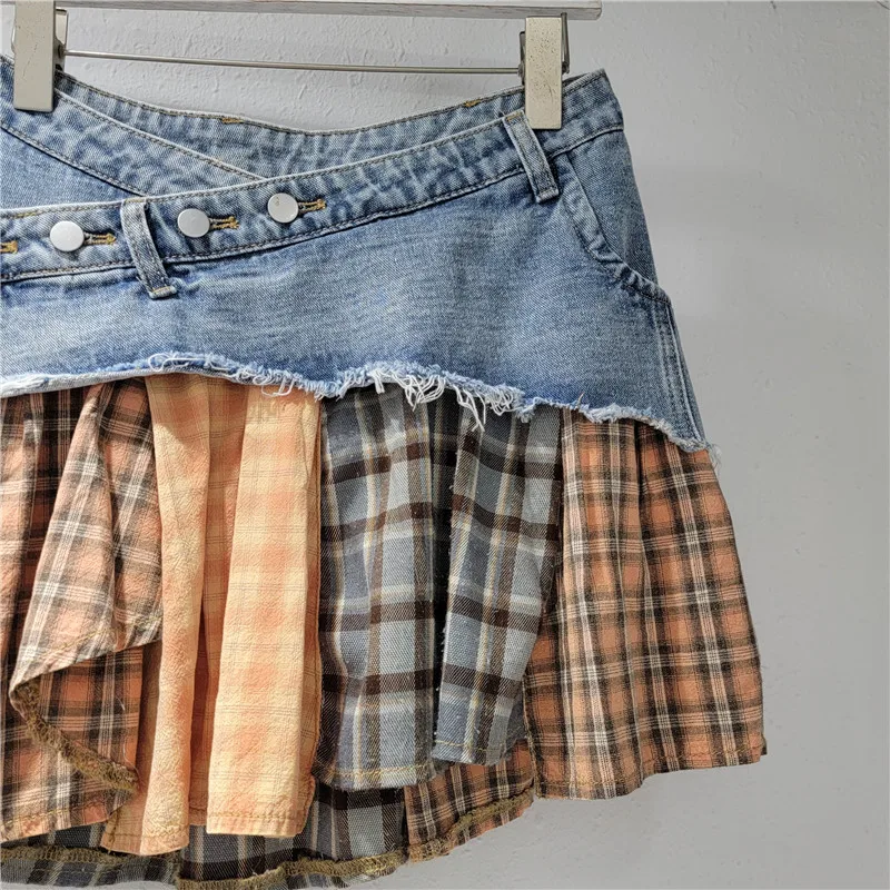 Donne Plaid Denim Patchwork Streetwear Irregolare A-line Minigonna 2025 Summer Street Femminile Classico Jeans Cargo Gonne
