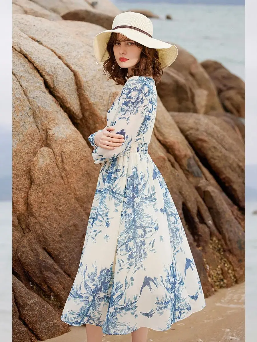 LOUIS YAO Women Dress Elegant V Neck Long Sleeve Print Summer Dress French Style High Waist A-line Slim Fit Long Dress