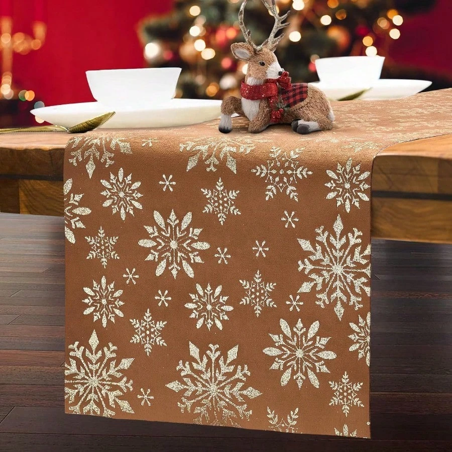 

1pc Christmas Table Runner ( Flat Print) - Luxury Gold Snowflake Rectangle Design, Ideal for Xmas Day, Wedding Anniversary