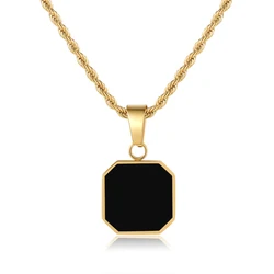Geometric Square Casual Stainless Steel Collar Necklace for Men Blak Enamel Square Pendant Cuban Figaro Box Chain Necklace Women