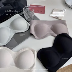 Miracle Half Cup Strapless Invisible Bra Traces Straight Shoulders Small Chest Gathered Anti Slip Drop Steel Ring Bra Women