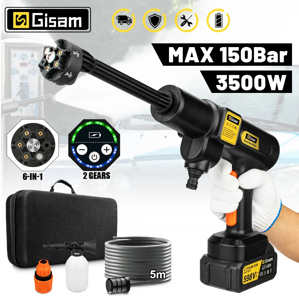 Gisha 200BAR 6-in-1 Brushless Cordless Lavatrice per auto ad alta pressione Batteria al litio ricaricabile Rondella per pulizia auto Pistola ad acqua a spruzzo