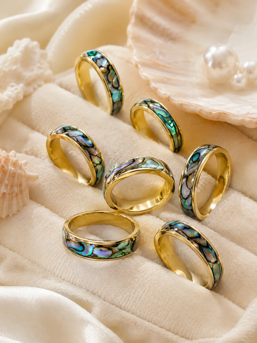 20 Stück Modische Natürliche Muschelringe aus Edelstahl, Nie Verblassend, für Damen und Herren, Schmuck in Großmengen LR4029 – Detail 10