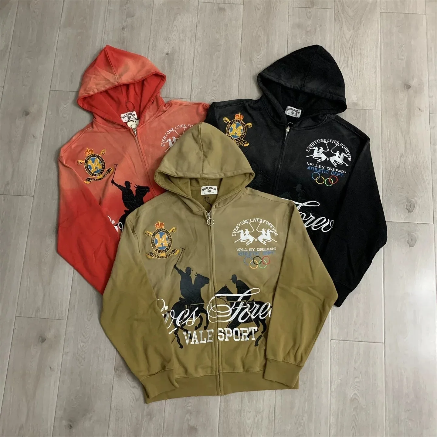 VALE FOREVER VALLEY Vintage Ripped Embroidered Letter Zip Up Hoodie, Unisex Loose Casual Zip Jacket