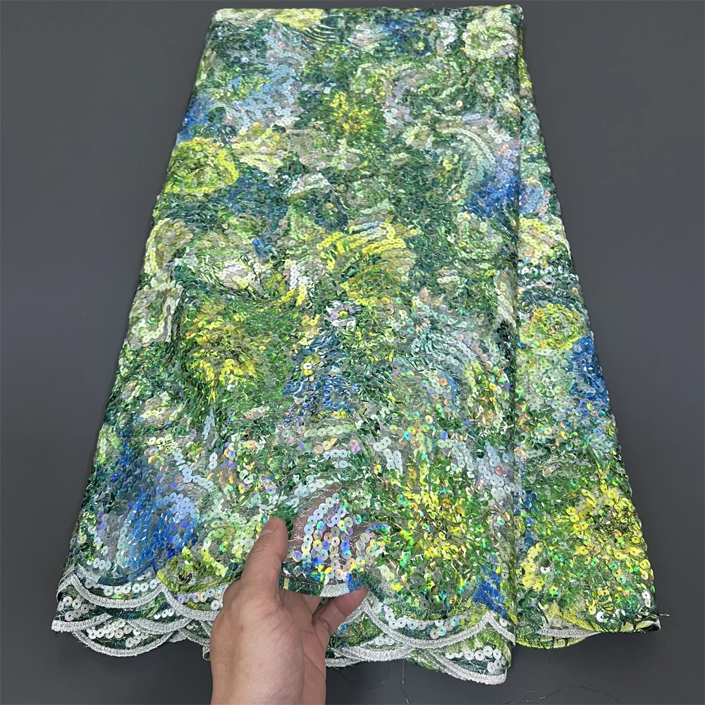 African Nigerian Sequins Sewing Net Cloth,Tulle Lace Fabric, Prom Dresses Beads,Embroidery, High Quality, 5Yad , PS0065, 2025