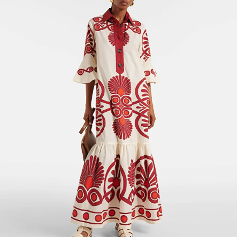 

Vintage Pattern Printed Button Shirt Dress Bohemian Flared Sleeves Loose Women's Dress Lapel Pleated Casual Holiday Dress Mujer