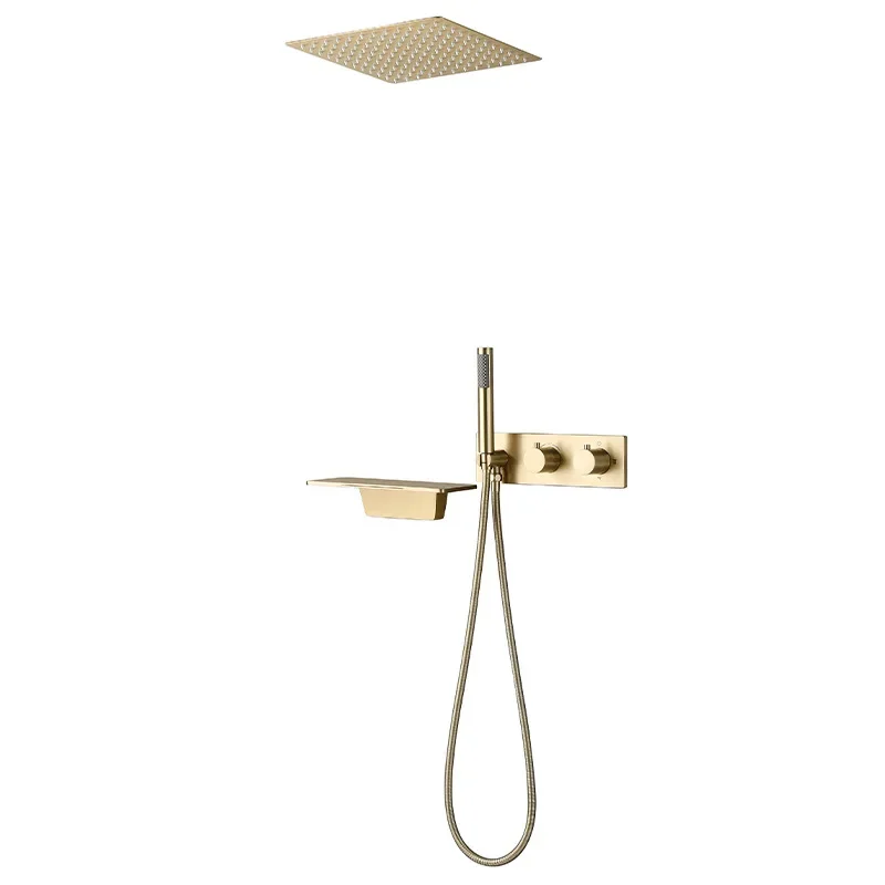 Brushed Gold Shower Set Bathroom Thermostatic  Concealed Ceiling Waterfall Faucet Hidden Into The Wall