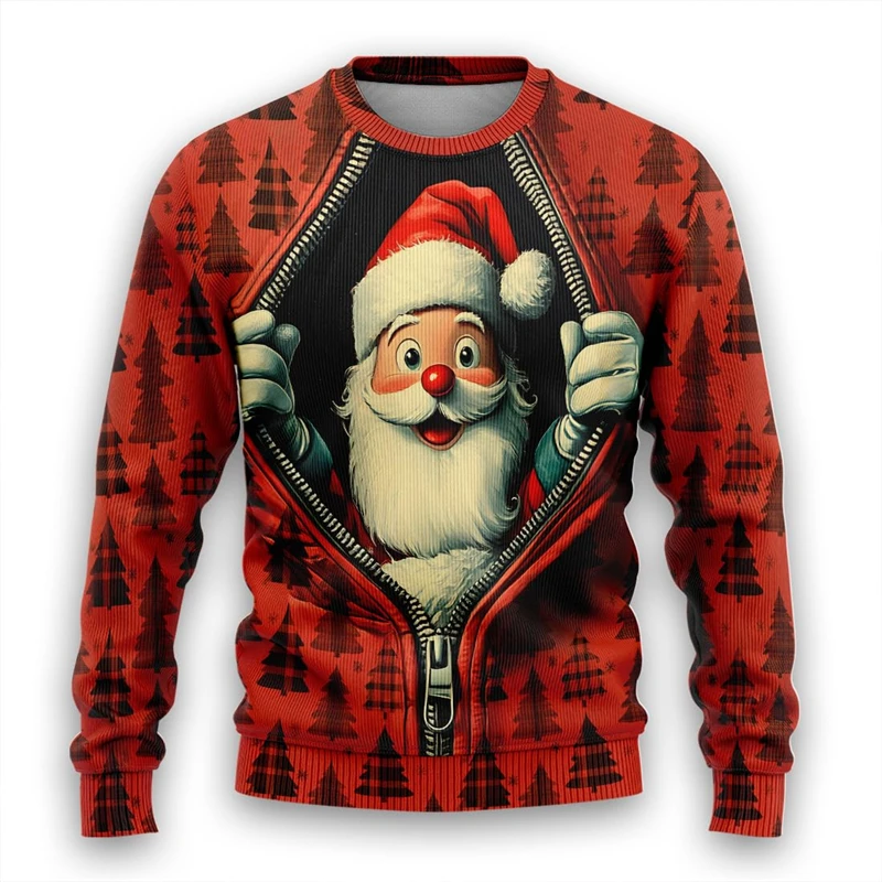 Fake Zip Up Snowman Santa Claus Graphic Sweatshirts Funny Deisgn Ugly Christmas Sweater Hip Hop Male Streetwear Hilarious Tops