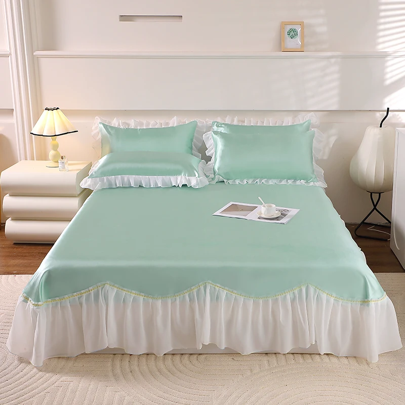 3pcs Solid Color Ice Silk Bed Skirt Set, Sage Green Smooth Soft Bedding, Adult Kid Simplicity White Ruffled Bedroom Bedspread