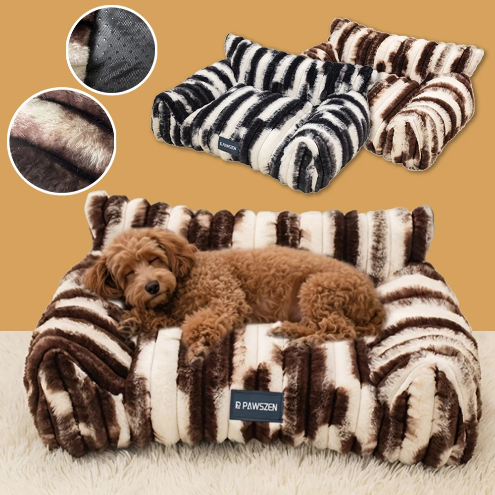 

1PC Fluffy Winter Plush Pet Sofa Bed Striped Design Modeling Soft Warm Kennel for Puppy Kitten Winter Sleeping Pet Accessories