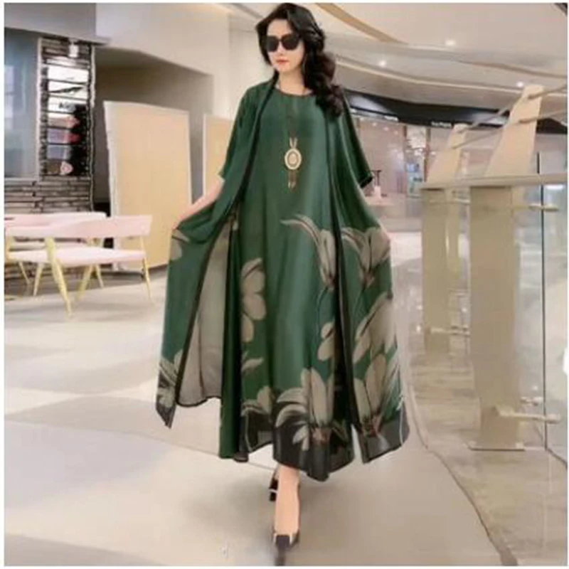 

Oversize 5XL Suit Dress Women Spring Dress Female Fashion Loose And Thin Mother Dresses Printed Long Dress Lady Two-Piece Suit