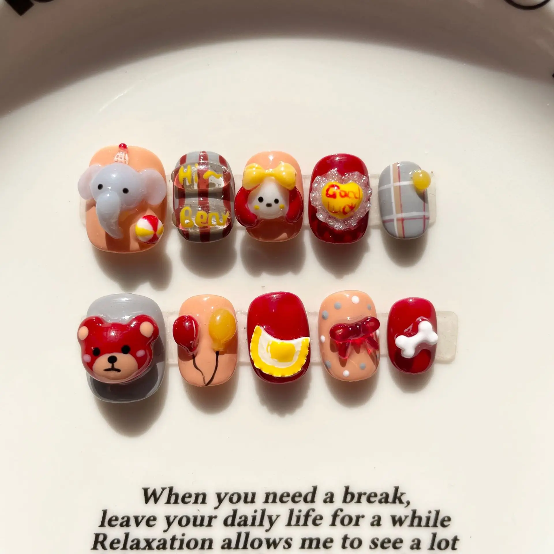 Cute Style 3D Cartoon Wearable Nails Bear Elephant and Puppy Accessories Fake Nails Red and Orange Plaid Bow Handmade Manicure