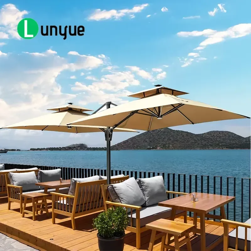 Unique Double Ended Cantilever Roman Umbrella 3x3m Aluminum Parasol with LED Lights for Outdoor Terrace Restaurant Patio