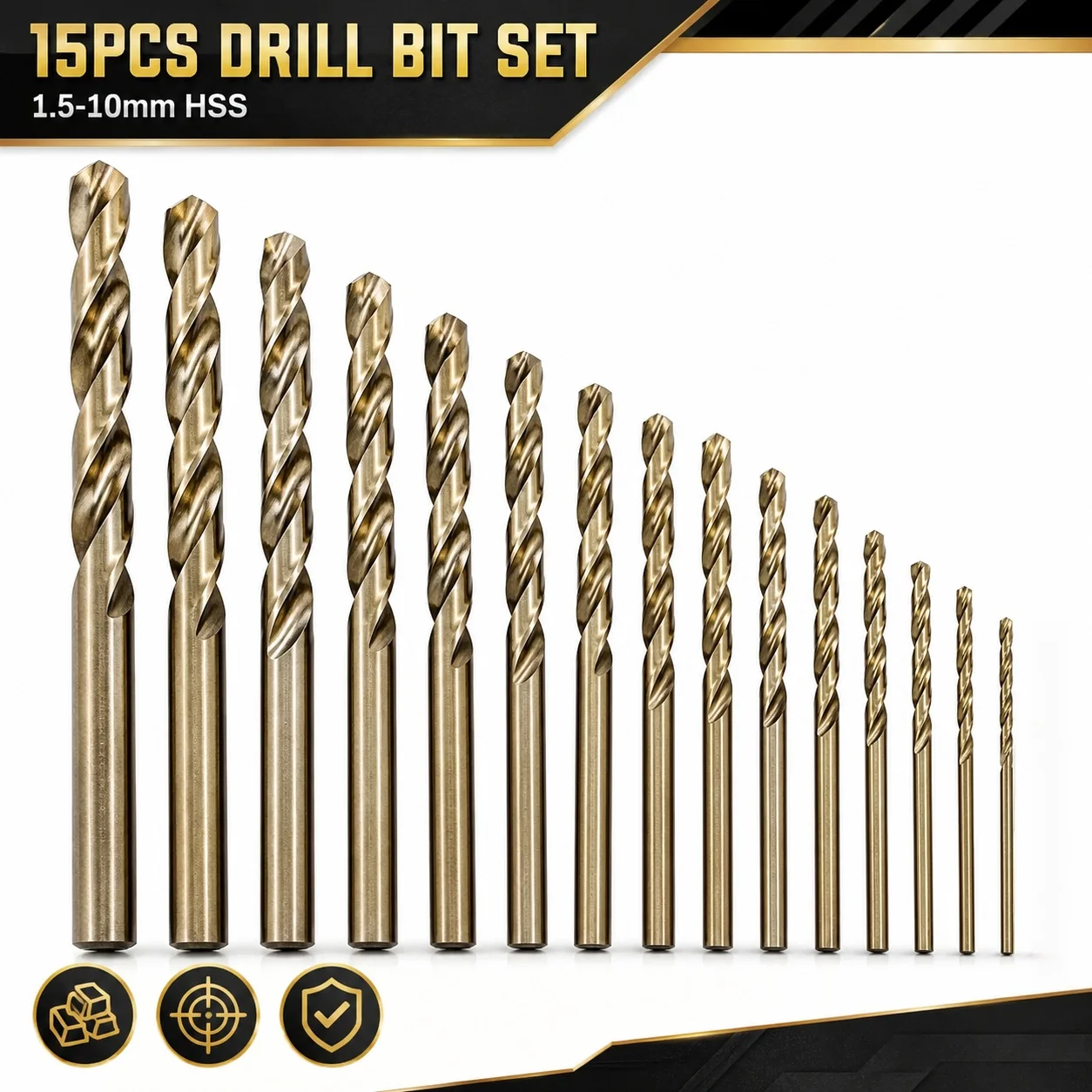 15Pcs Titanium Coated HSS Twist Drill Bit Set 1.5-10mm Straight Shank Drill Bits for Metal Wood Aluminum Electric Drill Tools