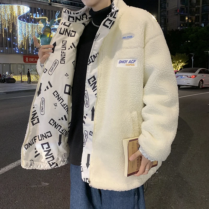 

Double-Sided Wear Lamb Velvet Cotton Jaet for Men Casual Hip Hop Loose Warm Cotton Clothes Stand Collar Winter Coat