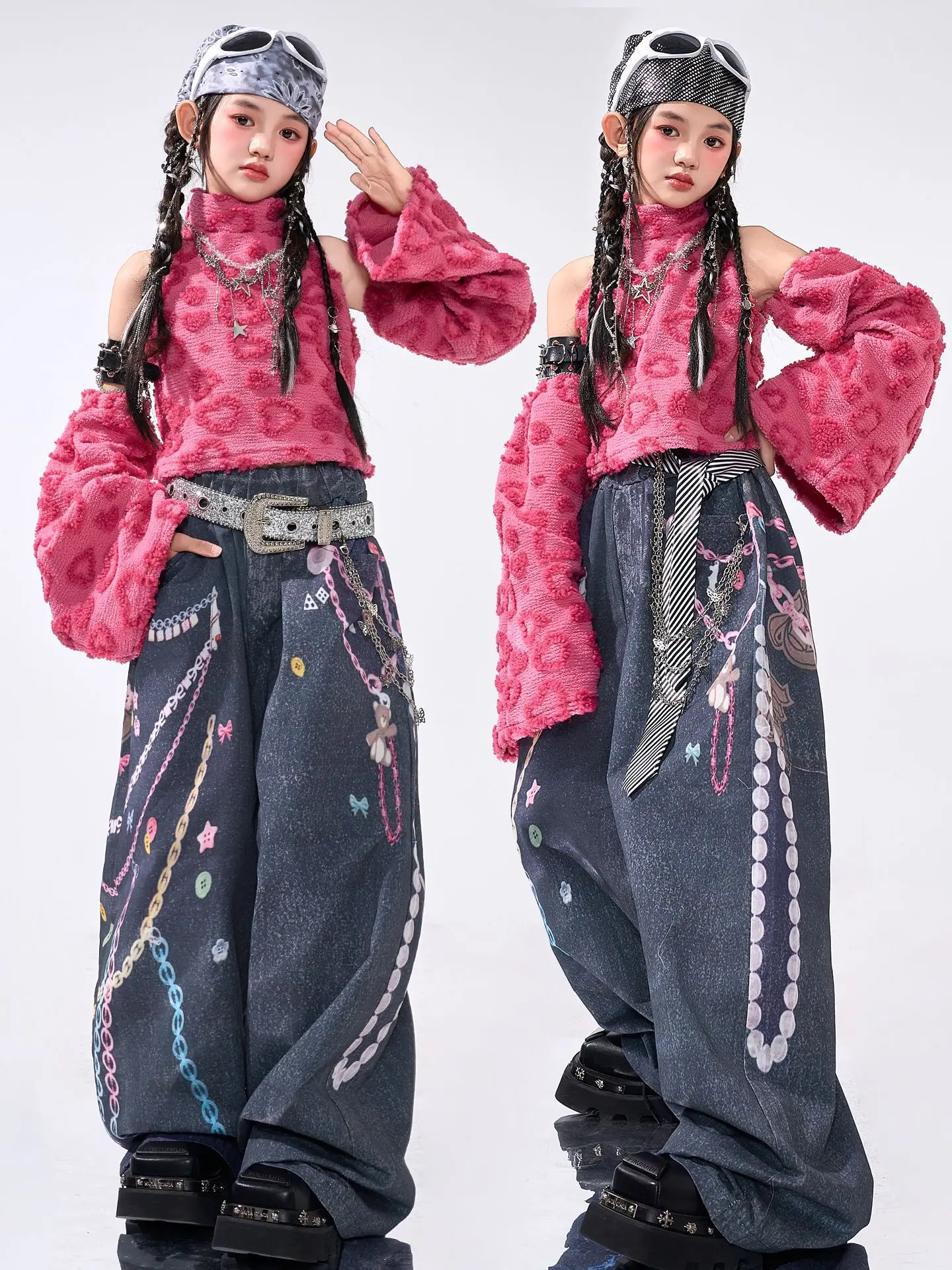 طفل Kpop الهيب هوب الملابس الوردي الصوف وهمية الرقبة المحاصيل تانك رمادي عادية طباعة فضفاض الجينز السراويل للفتيات أزياء رقص الملابس