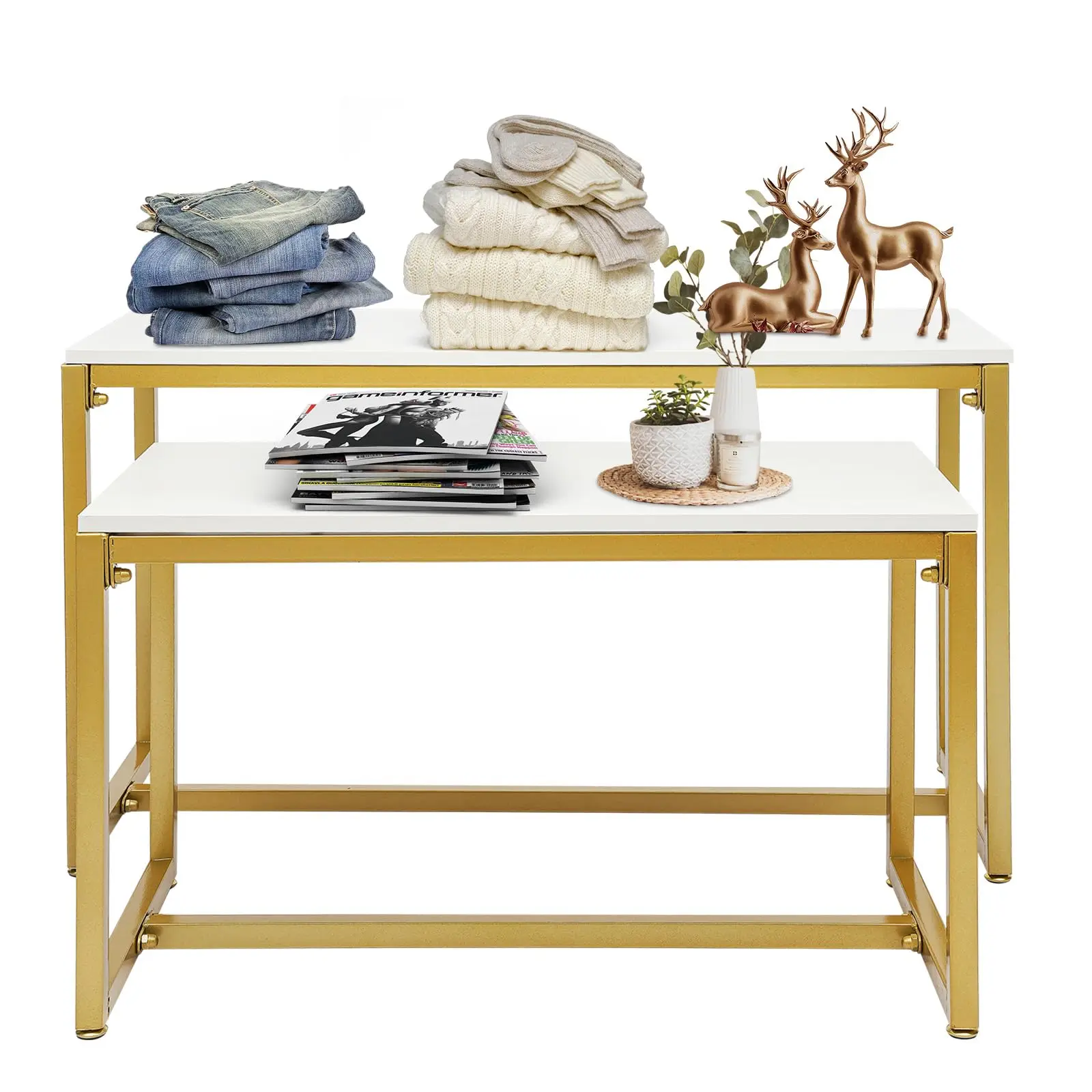 

Metal Shoe Handbag Display Stand, 2-Tier Retail Display Table, Gold Nesting Tables, Display Riser Shelf for Boutique, Iron and Wood