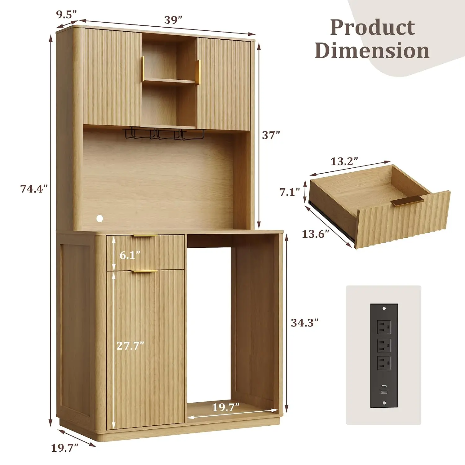 74''Tall Coffee Bar Cabinet with Mini Fridge Space, Mini Fridge Cabinet with Storage, Power Outlet, Wine Bar, Customized