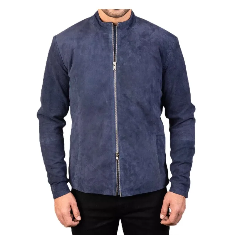 

Man's Blue Suede Leather Jacket Soft Lambskin Bomber Biker Jacket Casual Outwear