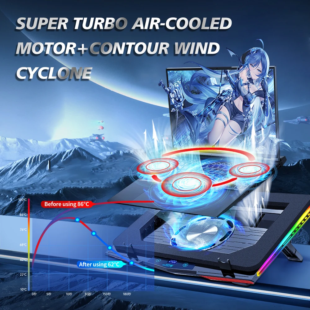 COOLCOLD Air Compression RGB Laptop Cooling Pad - Ultra-Quiet USB Cooler, Fast Heat Dissipation & Adjustable Stand