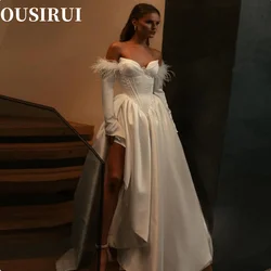 Vestido de casamento de cetim com penas para mulheres, vestidos de noiva querida, fenda lateral alta, lindo vestido extravagante, personalizado, tamanho grande