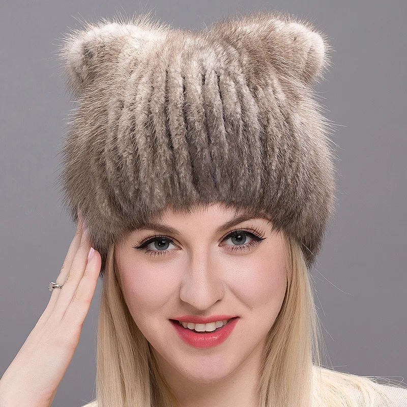 Winter New Simple Mink Hat Women's Mink Knitted Warm Hat Ear Protection Cat's Ears Knitted Hat