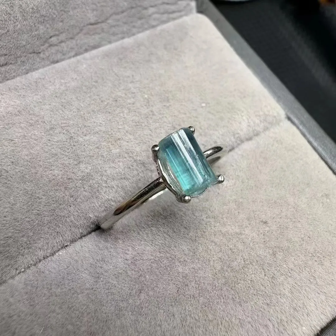 

1 Pc Fengbaowu Natural Raw Rough Blue Tourmaline Ring 925 Sterling Silver Reiki Healing Stone Jewelry Gift Men Women