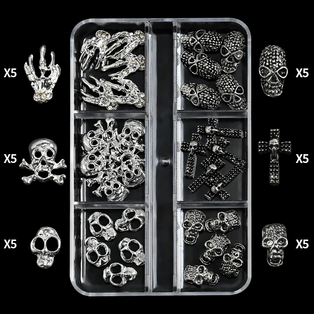 30 szt. Vintage Ozdoby do Paznokci Halloween Szkielet Stop Metalowy Krzyż Gotycki Czaszka Cyrkonie do Paznokci Dekoracja Manicure Festiwal