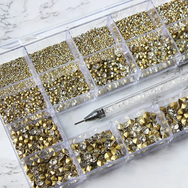 21 - Ensemble de strass pour ongles pointus à dos en boîte de grille, pierres précieuses empilables pour Nail Art, Kit de décoration de manucure à haute brillance pour la conception des ongles