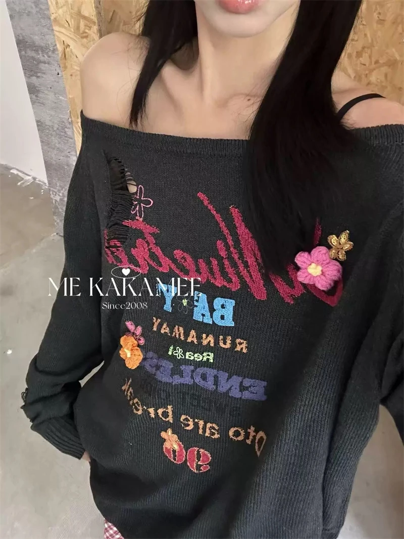 Новый готический панк-готический свитер, пуловеры большого размера, женский крутой джемпер с открытыми отверстиями, эстетический свитер в стиле Харадзюку SL235