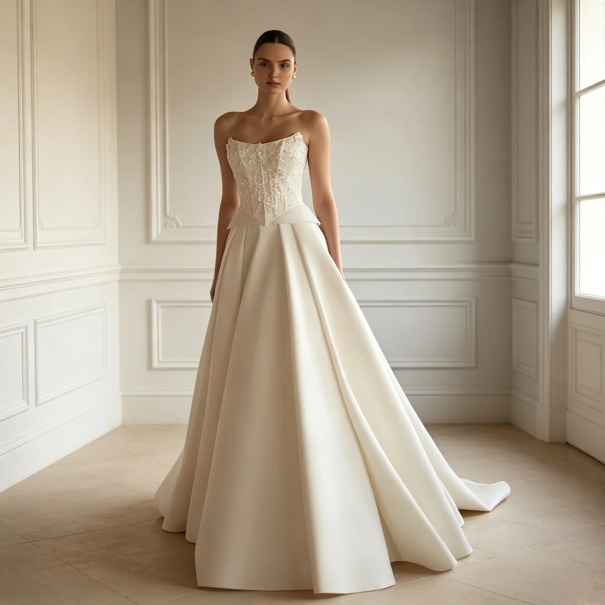 Structured Corset Satin Wedding Dress Beaded Lace Appliqués Strapless Neck A-Line Bridal Gown With Chapel Train Customizable