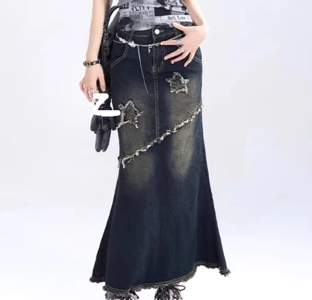 レディース秋アメリカンヴィンテージセクシーなブルーフィッシュテールデニムスカート多用途年齢軽減スリムレジャーハイウエスト個性スカート