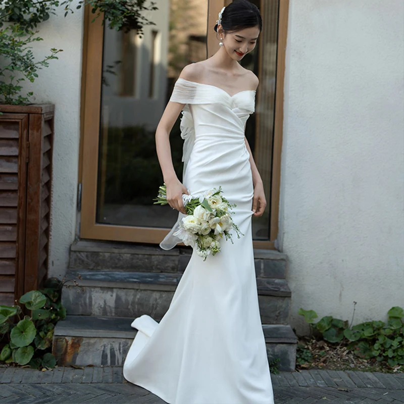 Vestido de novia ligero de satén con hombros descubiertos para mujer, vestidos de novia de sirena de estilo francés, tamaño Simple y elegante