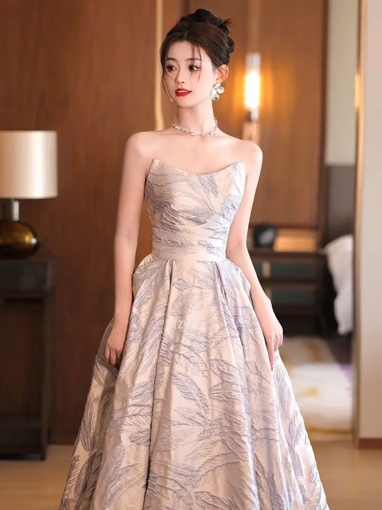 Sem alças a linha vestidos de noite feminino fora do ombro impresso tecido vestido de baile vestidos de festa de aniversário elegante vestido de ocasião formal