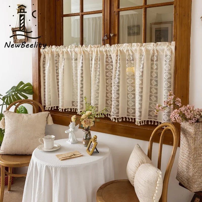 Pastoral Warp Knitted Lace Window Screen Tulle Coffee Curtain Door Curtains for Living Dining Room Bedroom Restaurant Decoration